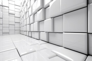 Arrangement of glossy tiles forming a futuristic wall. White backdrop made of rectangular 3D blocks. Rendered in 3D. Generative AI