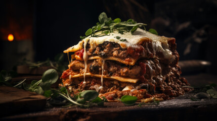 Appetizing freshly cooked lasagna with cheese and herbs close-up.