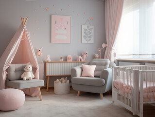  accessbaby child bedroom,pink,grau,white,children's room beautifully decorated with white and pinkories, in the style of extreme corner, gray and amber