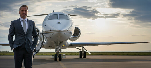 Businessman in suit with luxury private jet with copy space