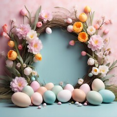 Naklejka na ściany i meble Colorful Easter eggs in the nest and flowers on pink pastel background. 