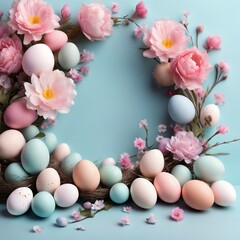 Colorful Easter eggs in the nest and flowers on blue pastel background. 