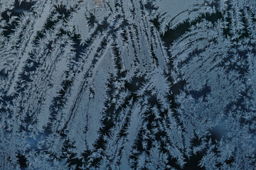 The abstract creation of window frost on window glass. Ornamental floral frost shapes on the window. Frost flowers