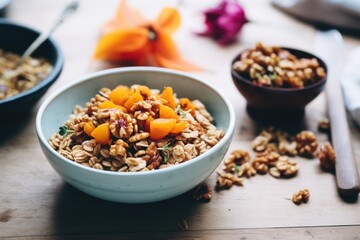 dried apricots and walnuts topping a spiced granola bowl