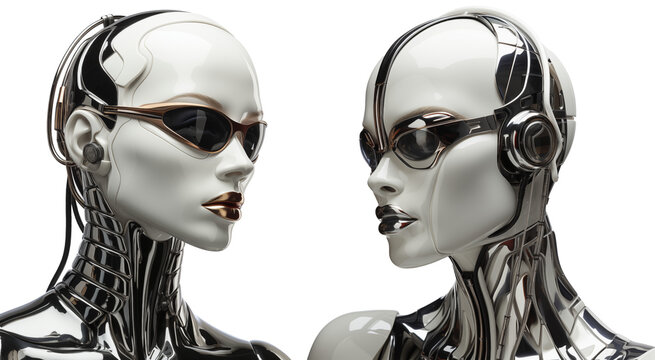 Futuristic female mannequin, in sleek black chrome outfit and with sunglasses