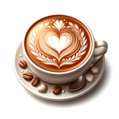 coffee in a cup and have heart-shaped latte art with a beautiful leaf-shaped saucer Hyper realistic 