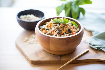 eco-friendly bamboo bowl filled with organic granola mix