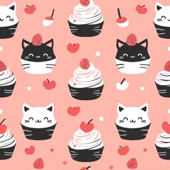 seamless patterns for prints | Sweet Kitten Cupcakes 2D Minimal Pattern