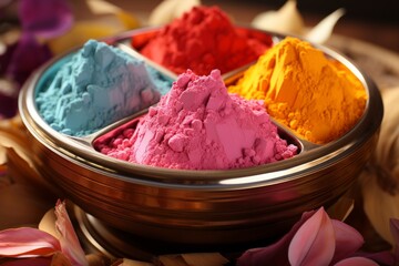 Overhead view bowls color holi powder black backdrop. holi color powder bowl painted blue backdrop. Colours of Holi/Festival of colours. Colorful Indian powder paints,High angle view of multi colored 