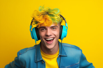 Young man with yellow hair smiling and listening to music with blue headphones while looking at the camera on a blue background. Portrait of young man smiling and listening to music with headphones - obrazy, fototapety, plakaty