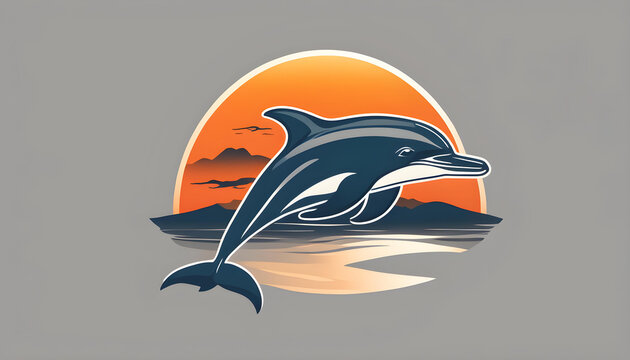 Dolphin silhouette illustration vector animal logo design, Orange sunset cloudy ocean view