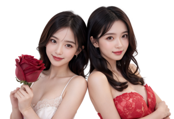 Two women hugging each other and holding bouquets of flowers on Valentine's Day and he is LGBTQ+