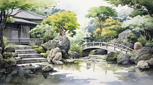 Watercolor illustration of japanese garden with bridge and pond. Generative AI