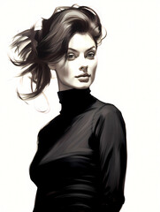 Fototapeta premium Beautiful Elegant Woman In Black Turtleneck, A Woman In A Black Turtleneck
