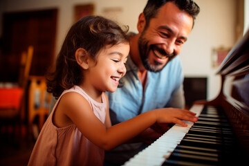 happy hispanic father teaching his daughter how to play the piano