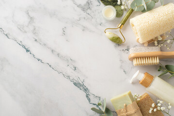 Obraz na płótnie Canvas Gua sha, cream jar, lotion bottle, loofah, and bath essentials on a natural marble stone setting. Empty space for text or ads. Elevate your brand with this natural bodycare concept