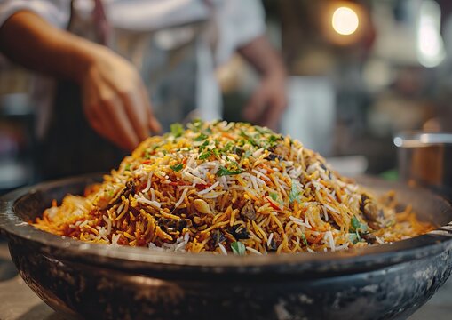 Biryani Delight: Aromatic Indian Cuisine with Flavorful Basmati Rice, Chicken, and Exotic Spices in a Granite Plate - Cinematic Shot by Lenka's Lens, Captured with Professional Lighting