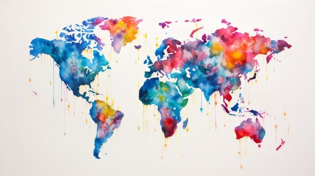 Watercolor world map. illustration. World map made of watercolor splashes. Generative AI