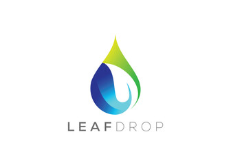 Water drop and Green leaf logo design vector template. Natural water drop vector logo. Fresh water drop logo.