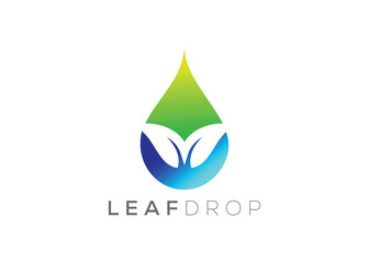 Water drop and Green leaf logo design vector template. Natural water drop vector logo. Fresh water drop logo.