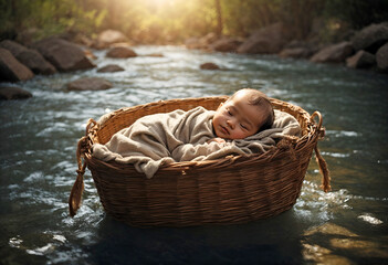 Baby Moses in a basket floating on a river biblical scene concept. Religious theme.