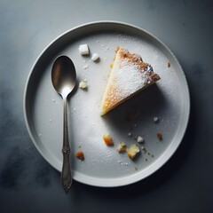 White plate with sweet cake and spoon, with some white sugar left on plate top view