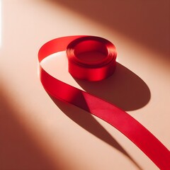 A spool with a red silk ribbon on a pink isolated background