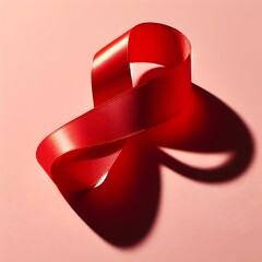 A spool with a red silk ribbon on a pink isolated background