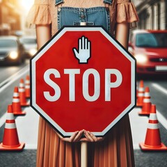 stop sign with city road background