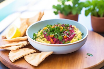 colorful beet hummus with pita slices and parsley garnish