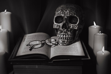 skull and book; Black and White