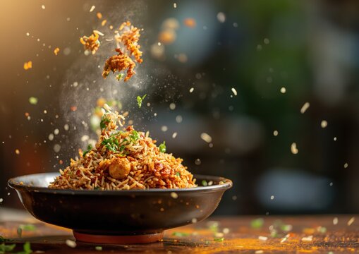 Deliciously Levitating Biryani: A Flavorful and Aromatic Traditional Indian Dish with Basmati Rice, Chicken, and Exquisite Spices - Professional Stock Photo for Adobe Stock Photo