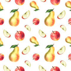 Watercolor seamless pattern of fruits, juicy, ripe pears and apples. The illustration is hand-drawn. For designers, fabric printing, wallpaper, clip art for printing and postcards.