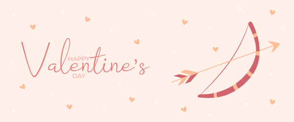Hand draw banner with bow and arrow hearts for Valentine's day. Happy Valentine's day and button read more. Peach fuzz, red, brow and pink colors.Cartoon style. Web vector illustration