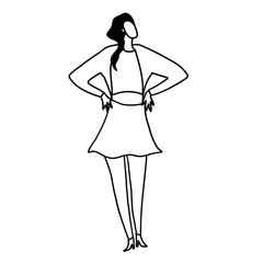 Stylish, trendy and modern fashion girl. Vector illustration in hand drawn outline doodle simple contour style isolated on white background. For poster, wrapping, cover art.