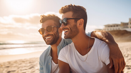 gay couple bonding at beach seaside.  Gay men hug outdoor with adventure and freedom to love.