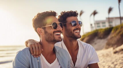 gay couple bonding at beach seaside.  Gay men hug outdoor with adventure and freedom to love.