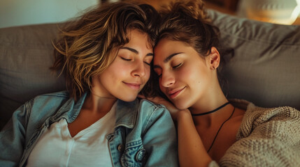 Couple of lesbians women embracing and bonding at home. Young lesbian couple spending time together.
