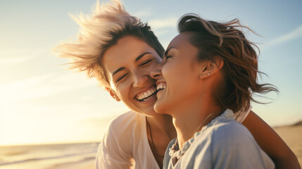 lesbian couple have fun at beach seaside.  gay women hug outdoor with adventure and freedom to love. 