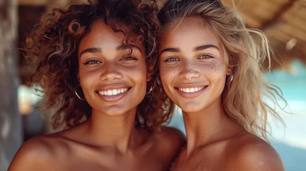 Foto op Plexiglas Lesbian couple have fun at beach seaside. Female friends smiling and spend time together at the seashore.  © Julija