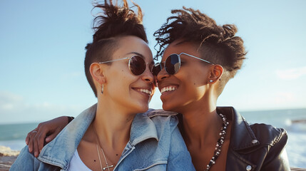 lesbian couple have fun at beach seaside.  gay women hug outdoor with adventure and freedom to love. 