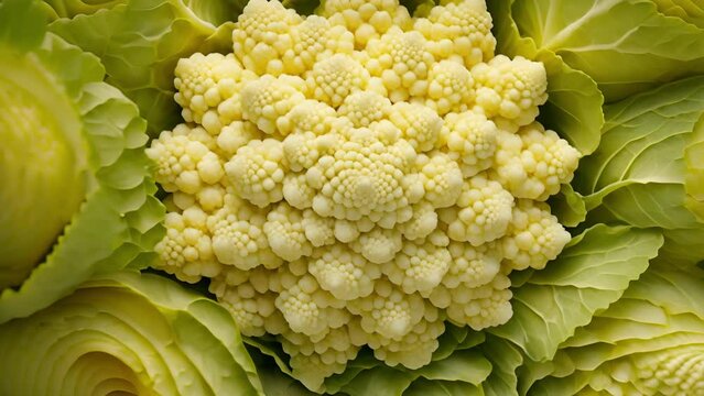 A birds eye view of a cauliflower, displaying the fractallike pattern created by the Fibonacci sequence in the arrangement of its florets.