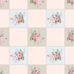 floral pattern, seamless for kitchen tablecloth design, hibiscus flowers on checkered background in pastel colors