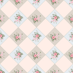 floral pattern, seamless for kitchen tablecloth design, hibiscus flowers on a diagonal checkered background in gentle pastel colors