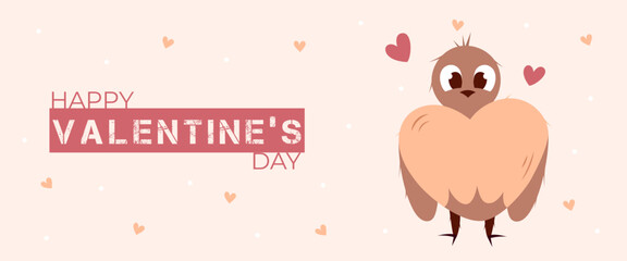 Single hand draw banner with bird and hearts for Valentine's day. Happy Valentine's day and button read more. Peach fuzz, red, brow and pink colors.Cartoon and doodle style. Web vector illustration