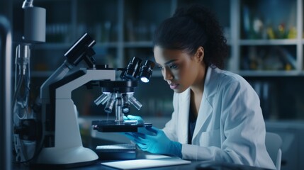 A beautiful black female scientist wearing a white lab coat studies samples of microorganisms under a microscope in modern medical laboratory. Healthcare, microbiology, biotechnology, biology concepts - obrazy, fototapety, plakaty