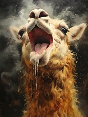 Country Farm Animals' Alpaca Spitting Behavior - obrazy, fototapety, plakaty