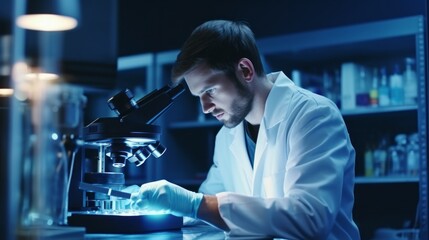 A handsome male doctor of a scientist wearing a white coat, looking under a microscope, analyzing samples in a modern medical laboratory. Concepts of healthcare, microbiology, biotechnology.