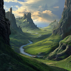 paysage celtique, vallée, montagne, IA generative