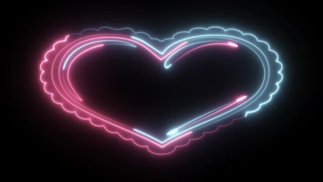 Glowing neon heart shape on black background. Romantic silhouette, love target, passion. Icon , sign, symbol and vector illustration.